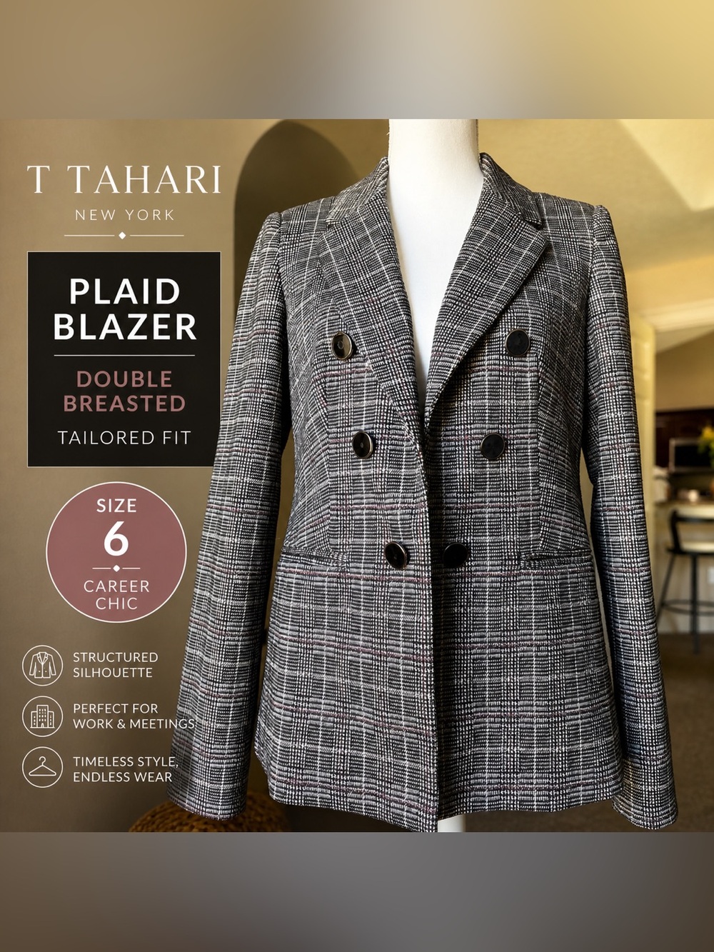T-Tahari  Womens Plaid Double Breasted Blazer Tailored Career Jacket Size 6